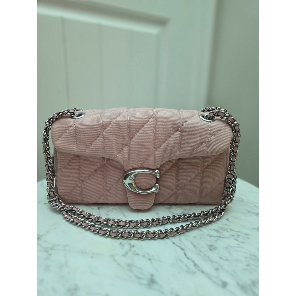 Coach Tabby 26 Pink Denim Quilted Shoulder Crossbody Bag Silver Chain